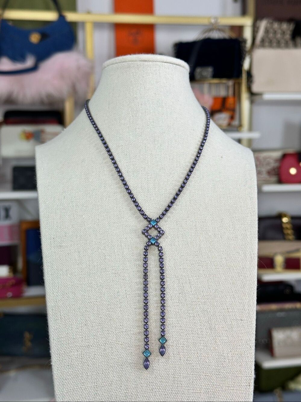 NWOT Vintage Givenchy Blue Purple Lavender Crystal Gun Metal Black Necklace